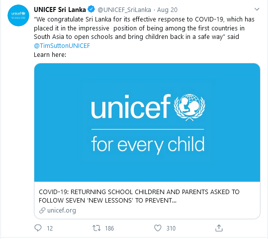 කොරෝනා පාලනය කර දරුවන් පාසල් යැවූ එකම රට ශ්‍රී ලංකාව – UNICEF සුබ පතයි