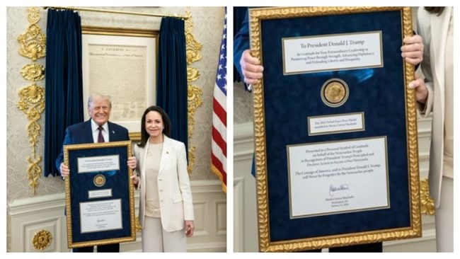 වෙනිසියුලානු විපක්ෂ නායිකාව දිනූ නොබෙල් සාම ත්‍යාගය ට්‍රම්ප්ට දීලා; නොබෙල් කමිටුවෙන් ප්‍රකාශයක්